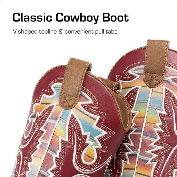 ⚡Girls Brown Multi Cowboy Boots Toddler Mid Calf Western Square Toe Riding Boot